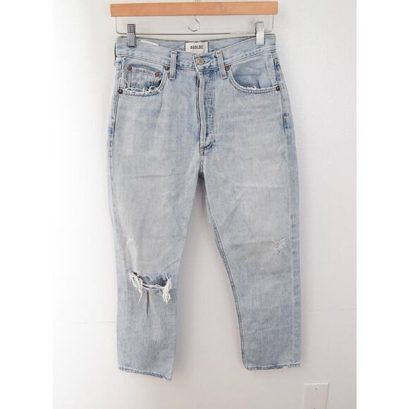 Agolde Riley High Rise Straight Crop Womens Blue Jeans Size 26 Distressed Light - Picture 1 of 5